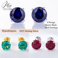 4 Prongs Screw Back Stud Earrings Ruby/Sapphire/Emerald Lab Grown Gemstones for Women Men S925 Sterling Silver Wedding Jewelry