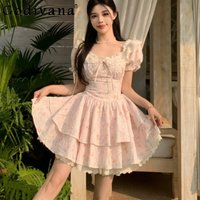 Large Size Summer Short Puff Sleeve Pink Floral Princess Dress Female Sweet High Waist A-line Gentle Big Swing Fairy Dresses