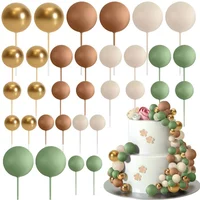 32pcs Sage Green Brown Cake Topper Gold Foam Balls DIY Insert Cake Decoration for Baby Shower Birthday Party Cake Decorationion