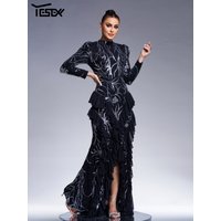 Yesexy Black Church High Quality Luxury Dress Round Neck Long Sleeved Backless Ruffle Edge Evening Wedding Birthday Party Dress