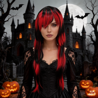 Black Red Patchwork Long Layered Synthetic Wig with Side Bangs, Emo Goth Style for Anime Cosplay and Punk Party Outfits
