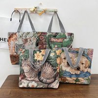 Retro Embroidery Canvas Tote Bag Cute Cartoon Cat Dog Shoulder Bag Ethnic Style Handbag Shopping Bag Mommy Bag