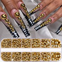 12Grids Gold Half Round Pearls Nail Accessories 3D 6 Size Metal Caviar Bead Nail Charms Flatback Steel Bead Ball Nail Decoration