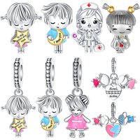 925 Sterling Silver Girl Boy Nurse Sister Beads Character Family Love Dangle Charms Fit European Charm Bracelets Gift for Mom