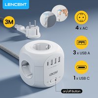 LENCENT Upgraded Power Strip Cube with 4 AC Outlets 3 USB Port 1 Type C 3M Extension Cord Multi Socket with Switch for Home