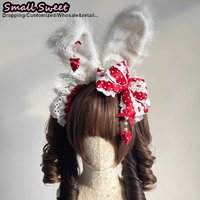 Women Japanese Korean Cute JK Cosplay Y2K Girl Hairband Lolita Bunny Ears Padded Bow Lace Ruffle KC Hairband Harajuku Headwear