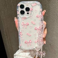 Pink Cherry Bowknot Transparent Wavy-edge Phone Case For iPhone 17 Pro 16 15 14 Plus 13 12 11 Pro Max 16E 17E With Lanyard Cover
