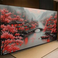 Nouveau Kit de Broderie Diamant DIY Grand Format Village de Sakura Onirique 2026 – Peinture Diamant Pont pour Décoration Maison et Cadeau