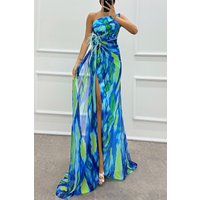 Gradient Print Chiffon Party Dresses Women 3D Flower Slanted Collar Off Shoulder Slim Slit Long Dress Prom Evening Vestidos New