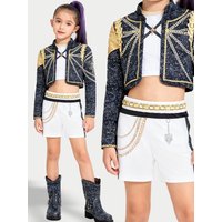 Kids Girls 3-Piece Sparkly Glitter Embroidered Crop Jacket & Chain Decor Shorts with Cami Top Set Stage Performance Dance Costum