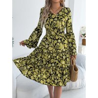 Elegant V Neck Contrast Color Floral Print Dresses 2026 Spring Autumn Casual Flare Long Sleeve Ruffled Maxi Dress Woman Clothing