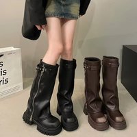 Winter Women Biker Boots Fashion Belt Buckle Ladies Elegant Platform Long Pipe Booties Casual Women's Knee High Booties image 4