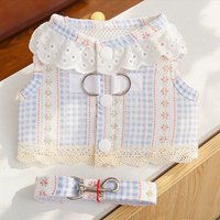 Sweet Lace Dog Harness with Rope Floral Print Pet Plaid Vest Fashion Puppy Jacket Summer Mesh Cat Harness Walking Pet Supplies