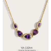 YACHAN Luxury Purple Zircon Crystal Stainless Steel Necklaces for Women Chic Vintage 18K Gold Plated Trendy Waterproof Jewelry