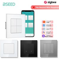 BSEED 1/2/3/4Gang Zigbee Click Switch No Need Neutral Wire Required Wall Smart Light Switches Glass Frame For Tuya Alice Alexa