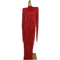 Full Tassel Dress Long Sleeves Stretch Party Fringes Dress Women Singer Stage Performance Dress Dance Costumes Shizichangqun