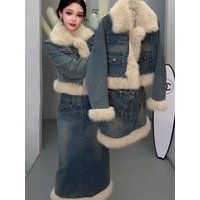 Two Piece Fashion Thicken Denim Set Women Winter Now Rough Edge Thermal Lapel Pocket Coat High Waist Slim Skirt Aesthetic Suit