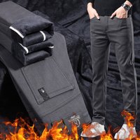 2024 New Winter Fleece Casual Pants Men's Straight Slim Thick Warm Male Business Fashion Casual Elastic Comfort Velvet Trousers