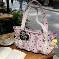 Large Capacity Lightweight Canvas Tote Bag Polka Dot Lace 3D Flocked Korean Ins Casual Handbag Student School Bag Daily Commute