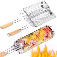 BUYYES Rolling Grill Basket BBQ Mesh Tube Removable Wooden Handle Stainless Steel Round Mesh Cage Outdoor Camping Cooking Tools