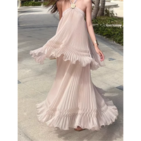 Stunning Women Seaside Beach Nude Pink Pleated Long Chiffon Dress Halter Sleeveless Summer Holiday Fairy Photo Maxi Dress Robe