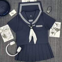 plus Size JK Uniform Set Sailor Suit School Uniform Casual Style Short Sleeve V-Neck Two-Piece Set for Adult Women