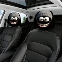 2PCS Funny Grinning Cartoon Face Car Headrest Covers, Universal Fit Elastic Protector, Cool Knit Beanie Print Auto Decor