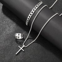 3 Pieces Cross-Style Accessories Set Bracelet Necklace Ring Stainless Steel Elegant Suitable Both Men Women Fashionable Gift Se