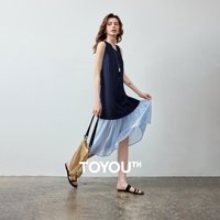 TOYOUTH Women Dress 2026 Summer New Color Block Splicing Mixed Material Layered V-Neck Faux Denim Trendy Dresses