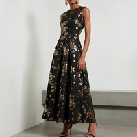 Black Gold Floral Print Sleeveless Midi Dress Fit and Flare Elegant Formal Evening Party Dress A-Line Cocktail Gown for Women
