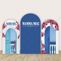 MAMMA MIA Arch Backdrop Cover Seaside Blue Door Pink Floral Birthday Baby Shower Party Decoration Photo Background