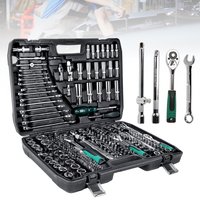 Zestaw narzędzi mechanicznych składający się z 216 elementów, w tym klucza nasadowego, klucza z grzechotką i zestawu śrubokrętów, przeznaczony do napraw samochodów i motocykli oraz do codziennej