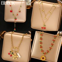 EILIECK 316L Stainless Steel Cherry Strawberry Zircon Pendant Necklace For Women Trendy Neck Chain Waterproof Jewelry Gift