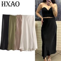 HXAO 2024 Women's Satin Skirt High Waist Black Long Skirts For Women Summer Elegant Womens Skirts Casual Off White Brown Skirt