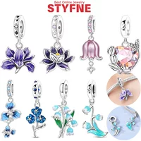 Silver-Plated Purple Orchid Flower Charm Beads Fit Original Bracelets Bag Keychain Charms Beads Pendant Diy Women Jewelry Gift