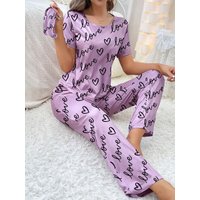 New women's home wear short sleeve trousers pajamas love pattern casual and comfortable