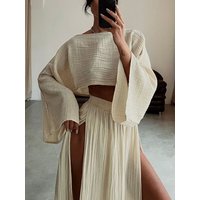 2 Pcs/Set Women Crop Top Skirt Sets Long Sleeve Top High Waist Split Skirts Suit Beach Bikini Coverup Lady Elegant Party Outfit