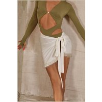 ZYM Latin Dance Fringe Warp Skirt with Beaded Trim Black White Sexy Latin Camp Training Practice Wear Mind Wrap Skirt #24071