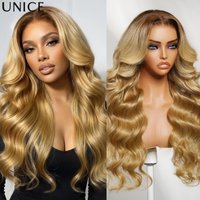 UNice No-Slip 7x5 Lace Brown Roots Honey Blonde Body Wave Wig With Drawstring Pre Cut Pre Bleached Glueless Human Hair Wigs