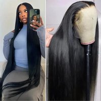 Perruque frontale en dentelle HD transparente 13x6, cheveux humains brésiliens, lisses comme des baguettes, densité 200%, 38-40 pouces, perruques frontales en dentelle 5x5 pour femmes