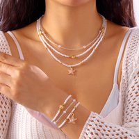 Boho Multilayer Starfish Shell Rice Beads Jewelry Set for Women Vintage Imitation Pearl Necklace Earrings Summer Beach Jewelry