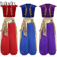 Boys 2Pcs Arabian Prince Costume Set Cap Sleeve Vest Waistcoat Bloomers Harem Pant Suit for Halloween Carnival Party Performance
