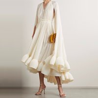 Women Evening Dresses Elegant Long Dress Ladies Summer Sexy V-Neck Cape Ruffled Waist Slimming Dresses Party Dress for Female