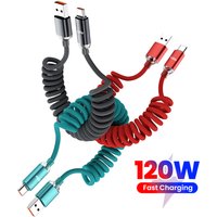 120W USB C to Type C Fast Charge Spring Cable Telescopic Car Phone Charger Data Cord for iPhone 17 16 Samsung Xiaomi Phone Cord
