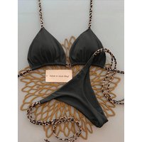 Women's Sexy Solid Halter Bikini Set Lace-Up Low Waist Two-Piece Triangle Thong Swimwear Leopard Tie On Side Brazilian Biquinis