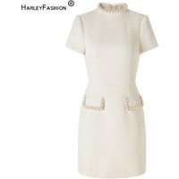 Summer Spring Quality Tweed Lady Dress Beads O-neck Short Sleeve Designed Sequined Short Mini Slim Dress Women