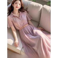 Elegant Purple Chiffon Dress Simple Design Women's Fashion Commute Style A-Line Skirt Short Sleeve Mid-Length Spring Summer