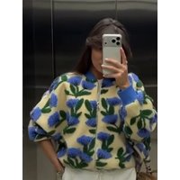 Cute Dreamy Flower Plush Bomber Jackets Chic Oversized Long Sleeves Zip Up Fleece Coat 2026 Casual High Street Women's Clothes