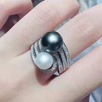 New Double Pearl AAAA 8-9mm Natural South Sea Round White Black Pearl Ring 925