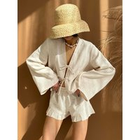 Bronladies Lace Up Long Sleeves Shorts Set Summer Womem's Solid Color Top Fashionable Loose Casual Flounce Shorts 2-Piece Set